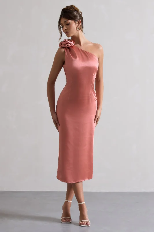 Ascot | Coral Satin One Shoulder Midi Dress With Corsage