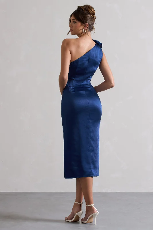 Ascot | Navy Satin One Shoulder Midi Dress With Corsage