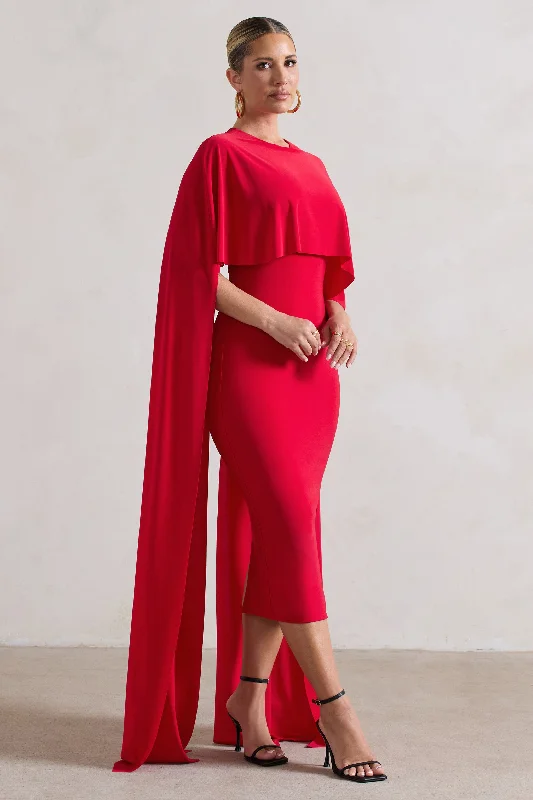 Camellia | Red Midi Dress With High-Low Cape