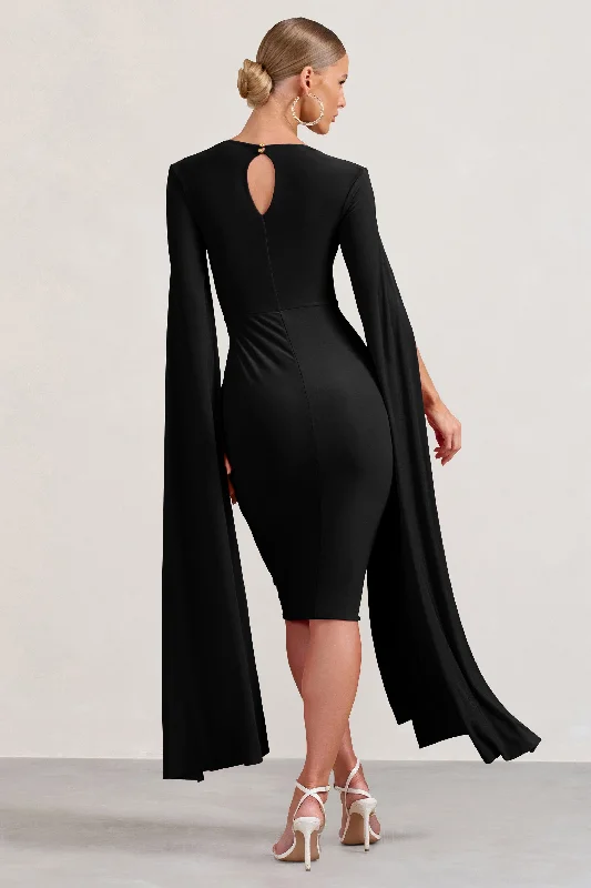 Flawless | Black Square Neck Midi Dress With Cape Sleeves