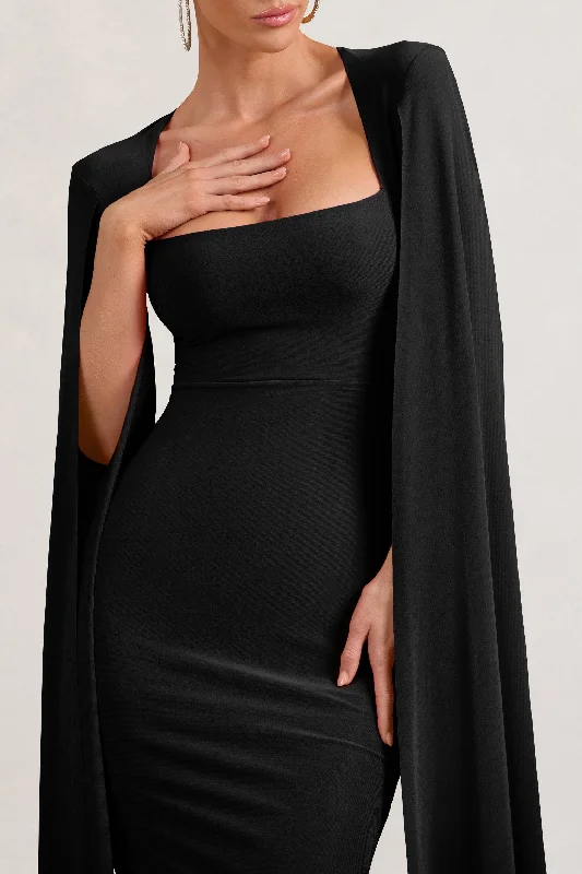 Flawless | Black Square Neck Midi Dress With Cape Sleeves