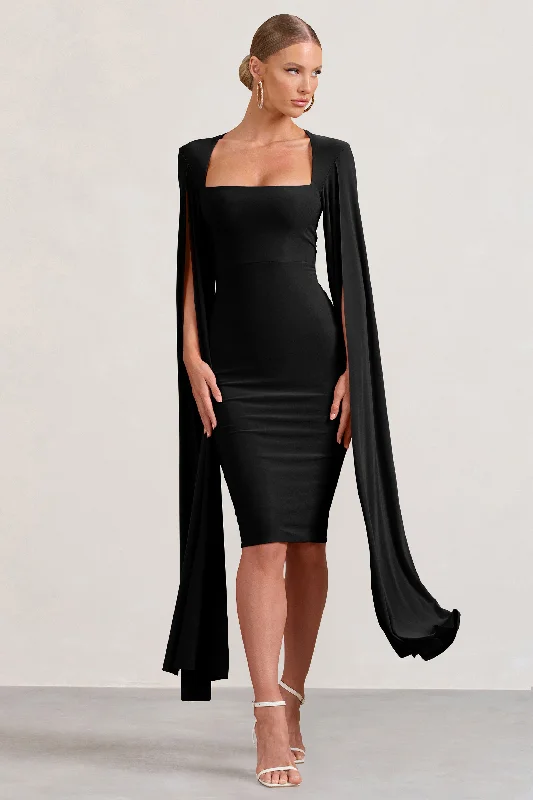 Flawless | Black Square Neck Midi Dress With Cape Sleeves