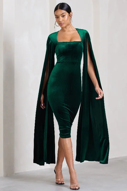 Flawless | Bottle Green Velvet Square Neck Midi Dress With Cape Sleeves