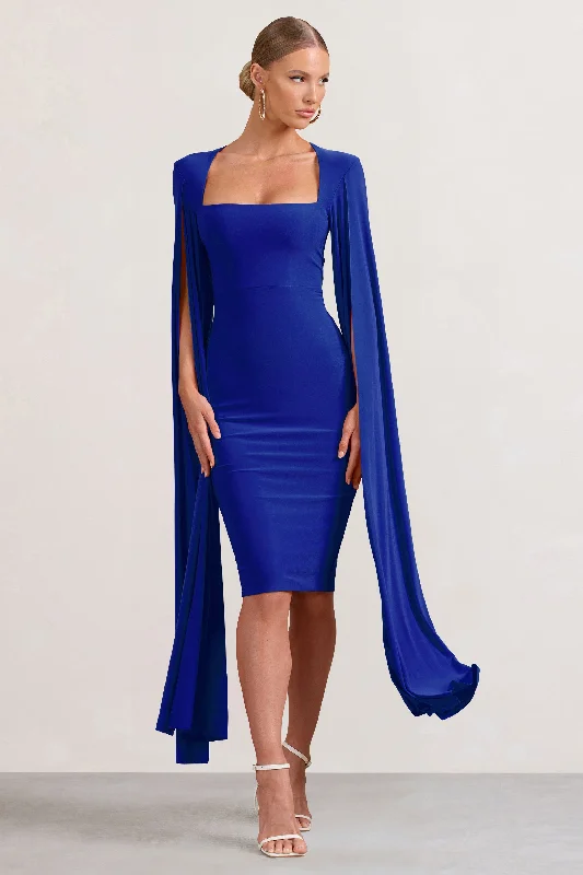 Flawless | Cobalt Blue Square Neck Midi Dress With Cape Sleeves