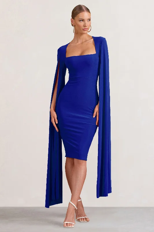 Flawless | Cobalt Blue Square Neck Midi Dress With Cape Sleeves