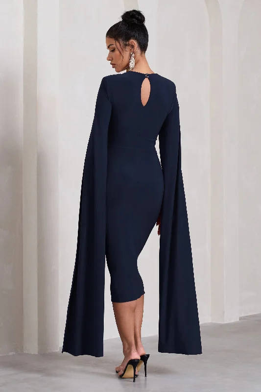 Flawless | Navy Square Neck Midi Dress With Cape Sleeves