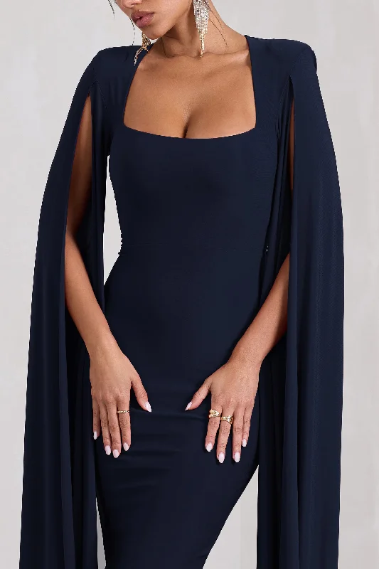 Flawless | Navy Square Neck Midi Dress With Cape Sleeves