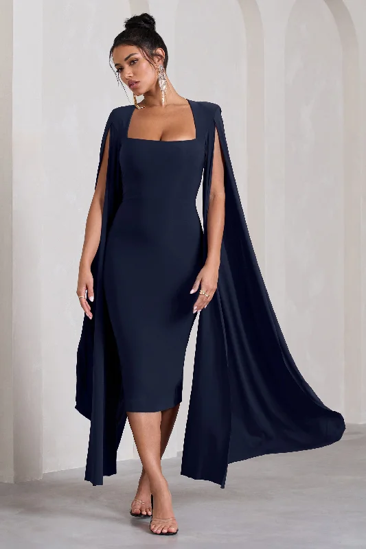 Flawless | Navy Square Neck Midi Dress With Cape Sleeves