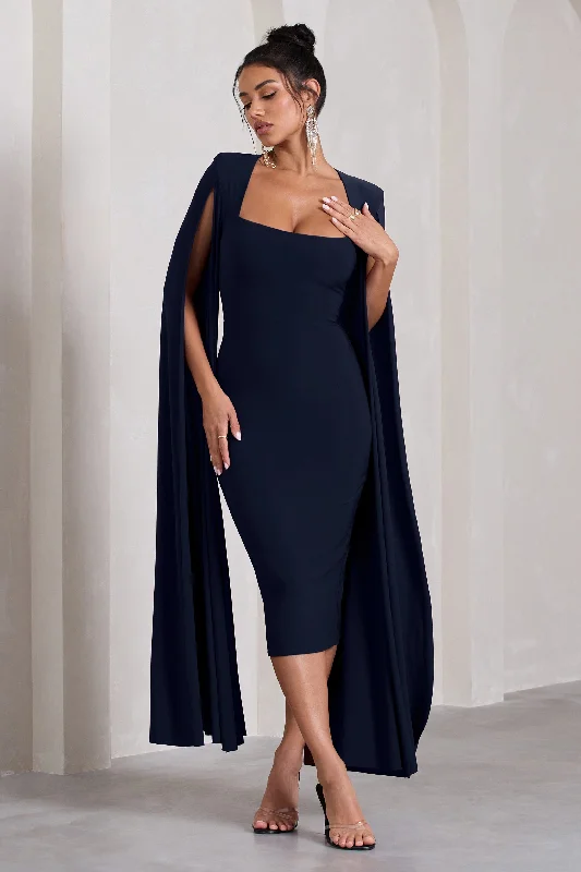 Flawless | Navy Square Neck Midi Dress With Cape Sleeves