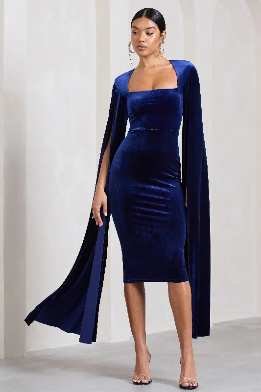 Flawless | Navy Velvet Square Neck Midi Dress With Cape Sleeves