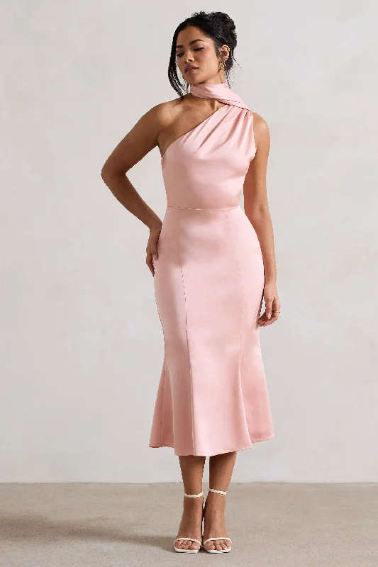 Golden Girl | Blush Pink Satin One Shoulder High-Neck Flared Midi Dress