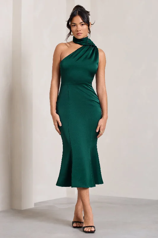 Golden Girl | Bottle Green Satin One Shoulder High-Neck Flared Midi Dress