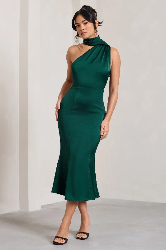 Golden Girl | Bottle Green Satin One Shoulder High-Neck Flared Midi Dress