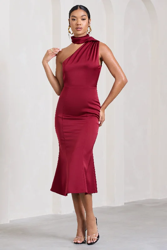 Golden Girl | Burgundy Satin One Shoulder High-Neck Flared Midi Dress