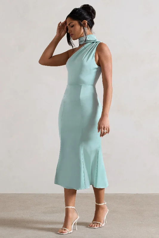 Golden Girl | Mint Satin One Shoulder High-Neck Flared Midi Dress