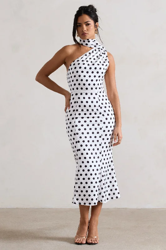 Golden Girl | White Polka Dot One Shoulder High-Neck Flared Midi Dress