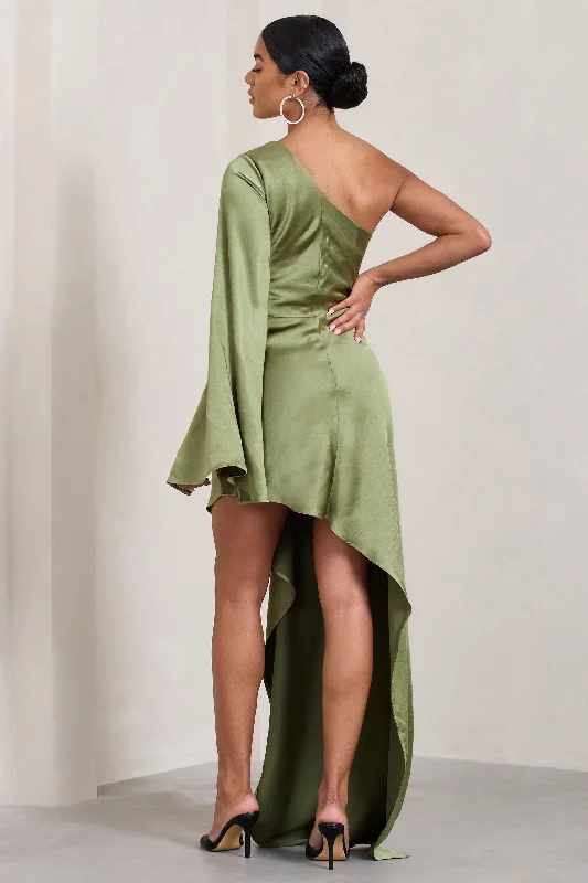 Hanna | Olive One Shoulder Asymmetric Draped Satin Mini Dress