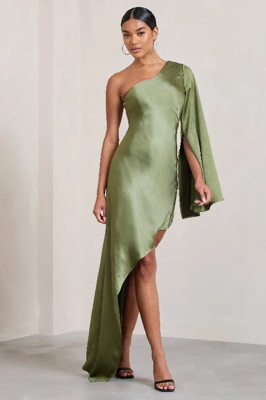 Hanna | Olive One Shoulder Asymmetric Draped Satin Mini Dress