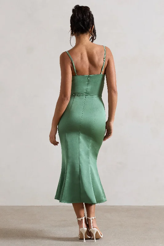 Just A Moment | Soft Green Satin Cowl-Neck Midi Dress With Tie Waist