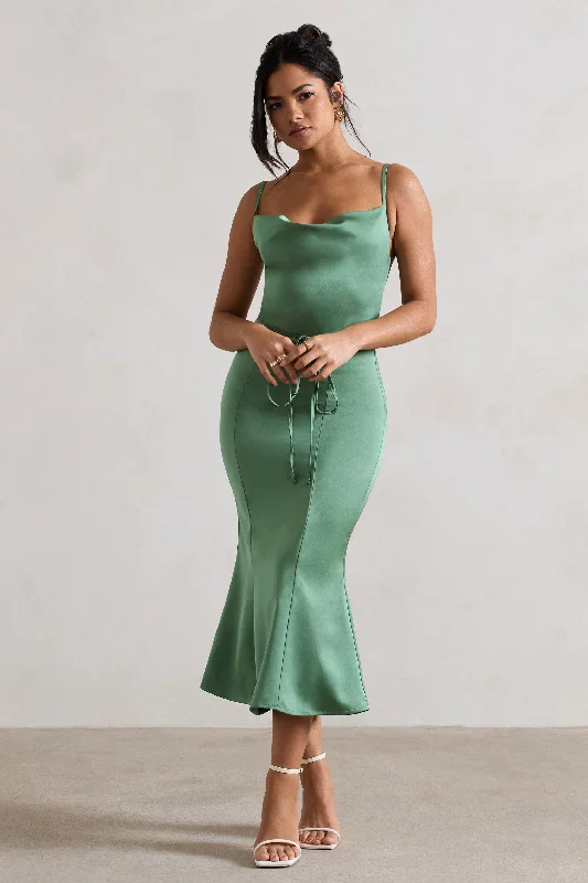 Just A Moment | Soft Green Satin Cowl-Neck Midi Dress With Tie Waist