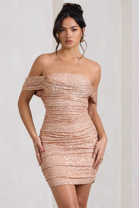 Light Up | Gold Sequin Bardot Mini Dress With Drape Detail