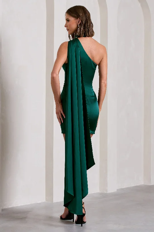 Natalie | Bottle Green Satin One Shoulder Mini Dress With Scarf Detail