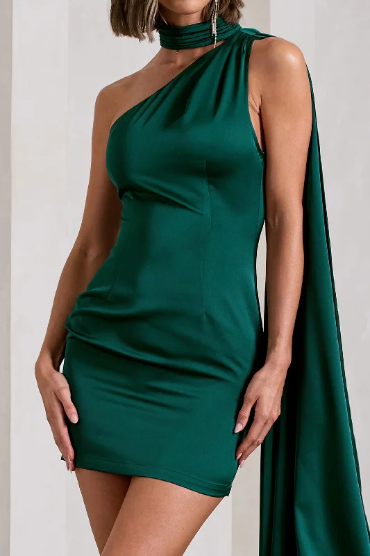 Natalie | Bottle Green Satin One Shoulder Mini Dress With Scarf Detail