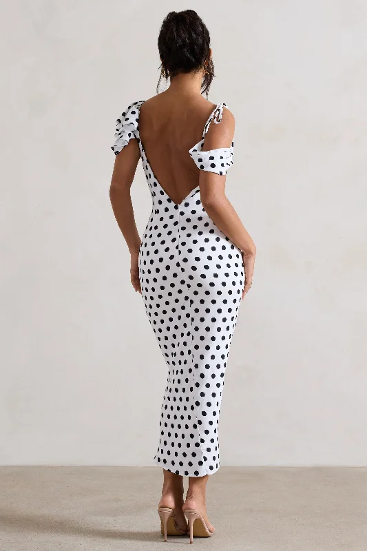 Palermo | White Polka Dot Asymmetric Draped Split Midi Dress