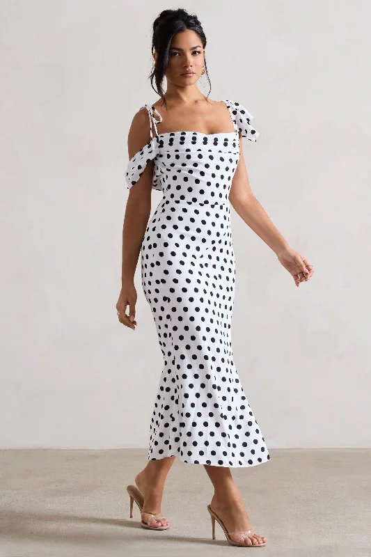 Palermo | White Polka Dot Asymmetric Draped Split Midi Dress