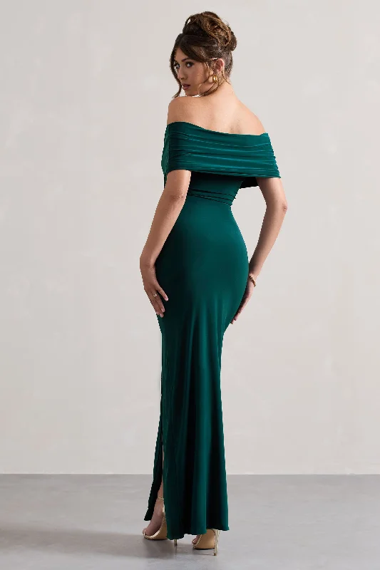 Refined | Bottle Green Twist Front Bardot Maxi Dress