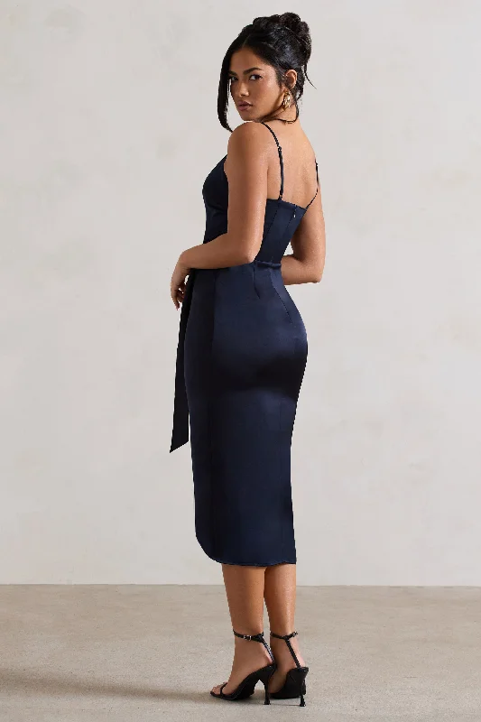 Sabela | Navy Satin Wrap Midi Dress With Knot Detail