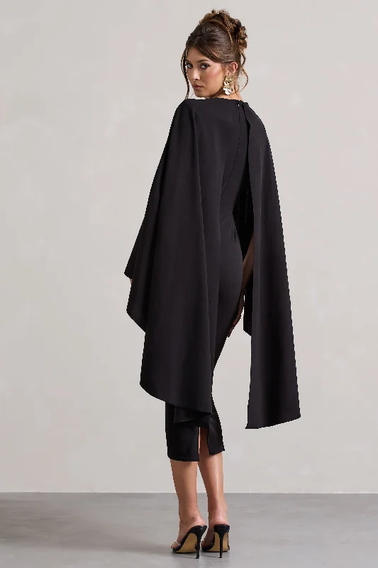 Tranquility | Black Gathered Midi Dress With Cape