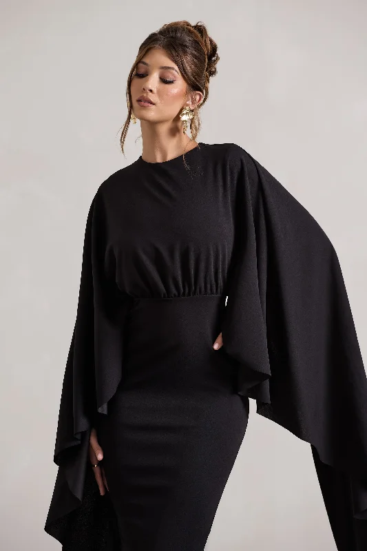 Tranquility | Black Gathered Midi Dress With Cape