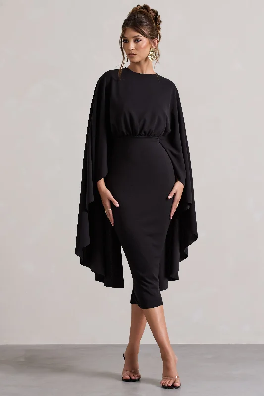 Tranquility | Black Gathered Midi Dress With Cape