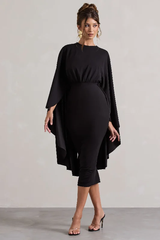 Tranquility | Black Gathered Midi Dress With Cape