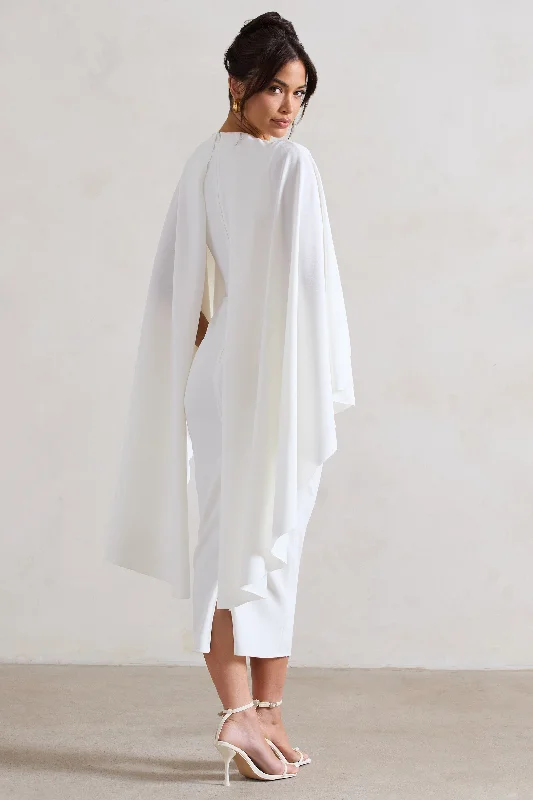 Tranquility | White Gathered Midi Dress With Cape