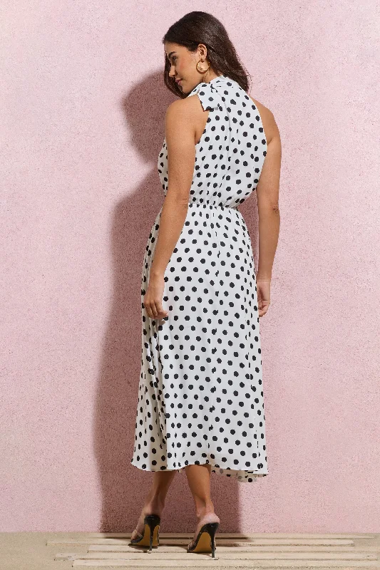 Winona | White Polka Dot High-Neck Split Midi Dress With Bow