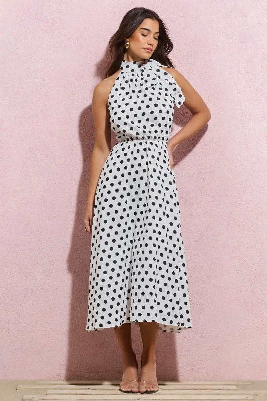 Winona | White Polka Dot High-Neck Split Midi Dress With Bow