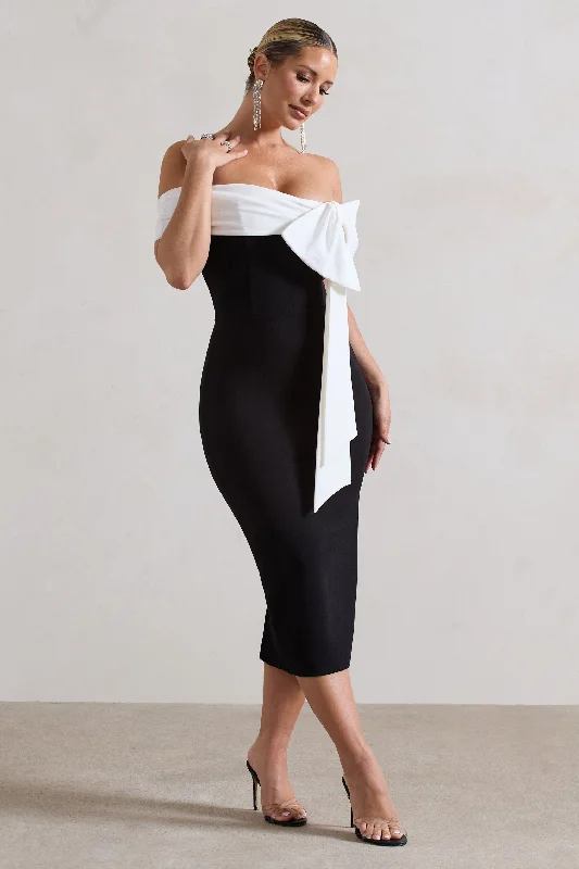 You Wish | Black Bodycon Bandeau Midi Dress With Oversized White Bow