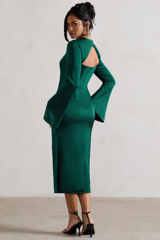 Zaina | Bottle Green Long Sleeve Midi Dress with High Neckline