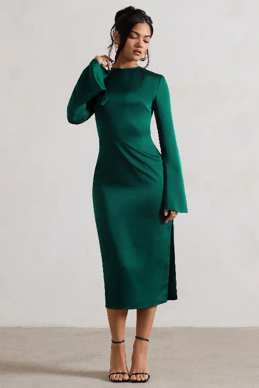 Zaina | Bottle Green Long Sleeve Midi Dress with High Neckline