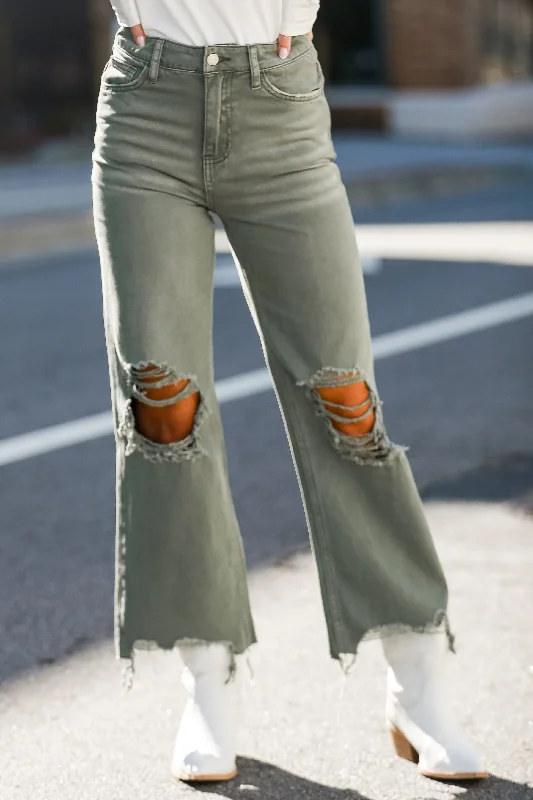 FINAL SALE - Leslie Army Green 90s Vintage Crop Flare Jeans