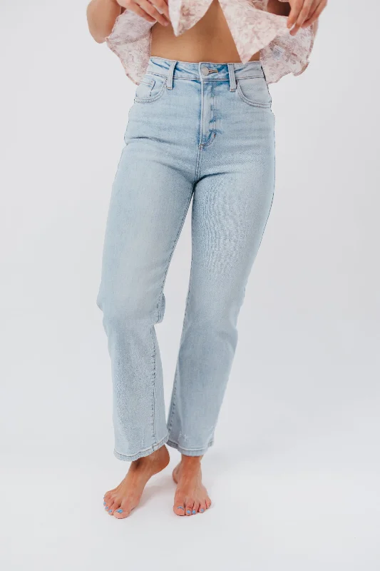 Risky Business High Rise Jean with Straight Leg/Distressed Hem in Light Denim