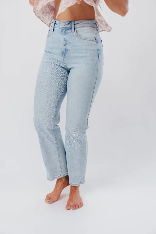 Risky Business High Rise Jean with Straight Leg/Distressed Hem in Light Denim