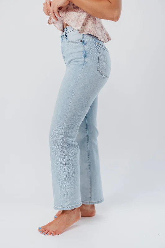 Risky Business High Rise Jean with Straight Leg/Distressed Hem in Light Denim