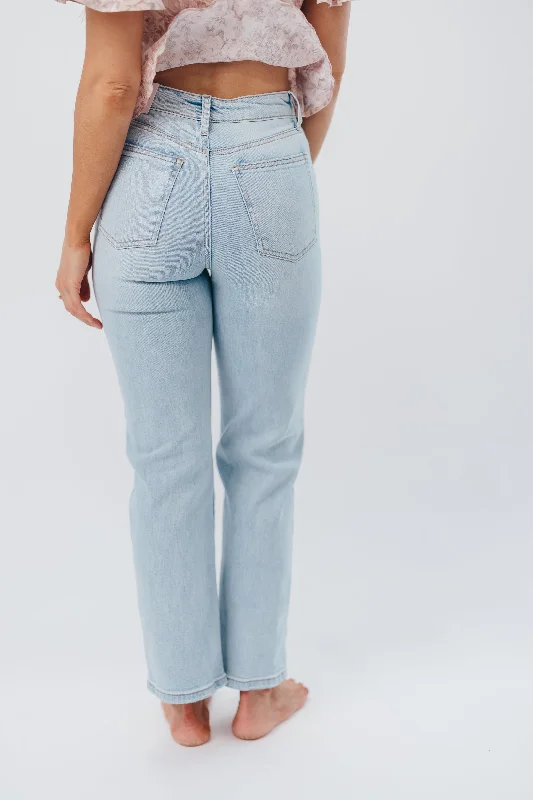 Risky Business High Rise Jean with Straight Leg/Distressed Hem in Light Denim