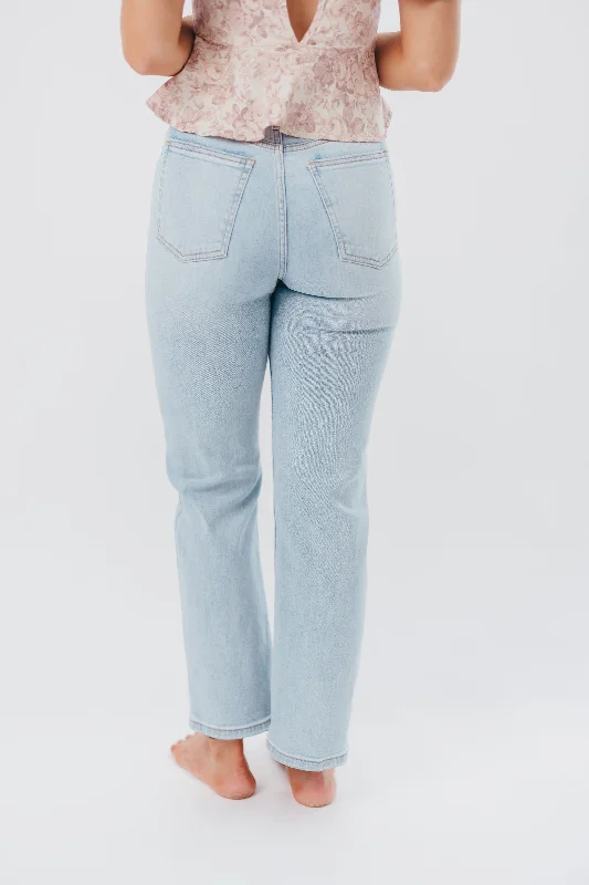 Risky Business High Rise Jean with Straight Leg/Distressed Hem in Light Denim