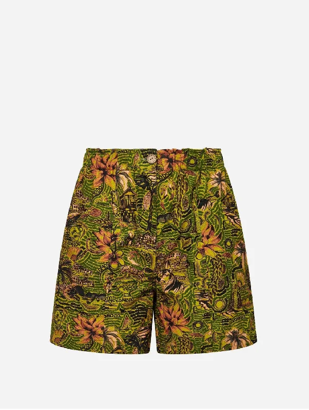 Dune Women's Organic Cotton Shorts | Green Tropical Print