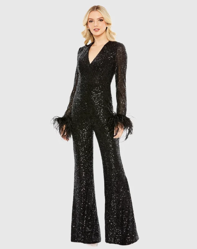 Feather Cuff Sequined V Neck Jumpsuit