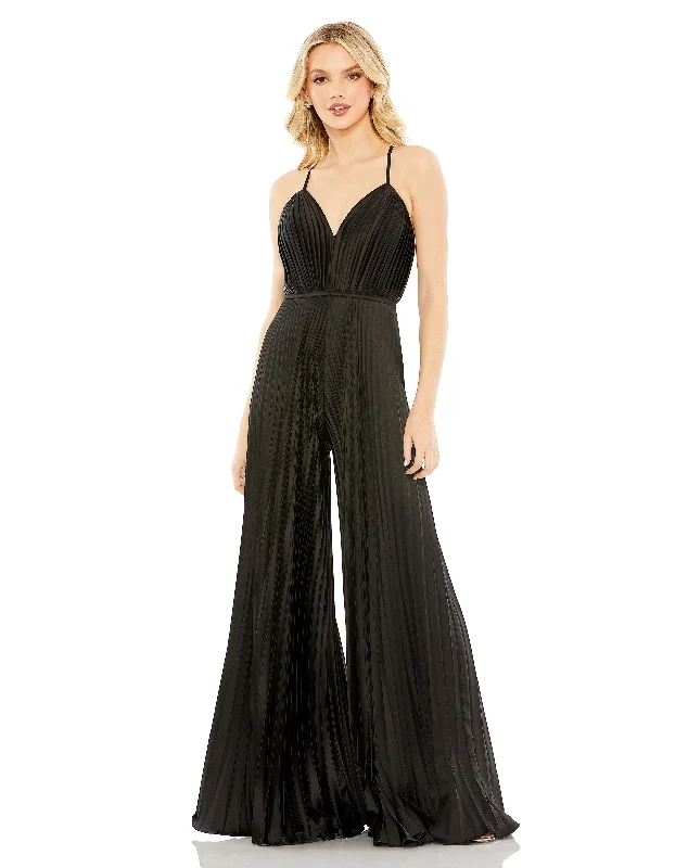 Pleated Plunge Neck Wide Leg Jumpsuit